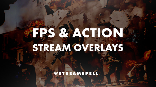 FPS and action-themed stream scene with soldiers, explosions, and debris flying, promoting the best FPS & action stream overlays by StreamSpell. Ideal for Twitch, YouTube, and Kick. Fully compatible with OBS Studio, Streamlabs, and StreamElements