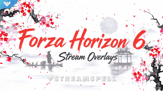 Japanese watercolor scene with cherry blossoms and sakura petals promoting Forza Horizon 6 stream overlays by StreamSpell for Twitch, OBS Studio, and Streamlabs.