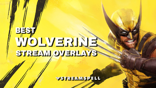 Yellow superhero-style cover image with claw marks, action character artwork, and the text “Best Wolverine Stream Overlays” by StreamSpell, promoting Marvel-inspired Twitch overlays for OBS and Streamlabs.