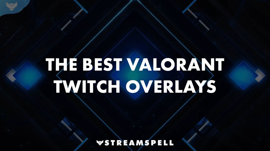 Futuristic geometric background with glowing blue neon lines and a centered title that reads “The Best Valorant Twitch Overlays” by StreamSpell.