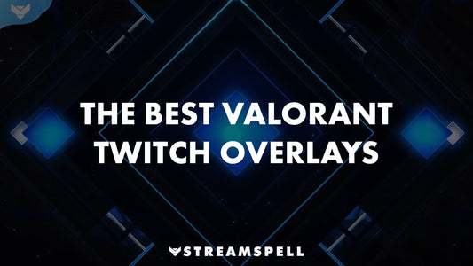 Futuristic geometric background with glowing blue neon lines and a centered title that reads “The Best Valorant Twitch Overlays” by StreamSpell.