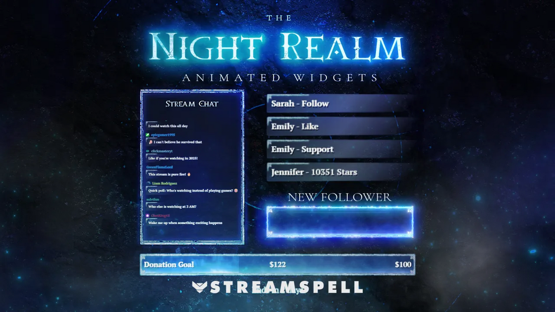Nightreign stream overlay for Elden Ring and Souls-like games featuring animated screens, alerts, and webcam overlays for OBS and Streamlabs.