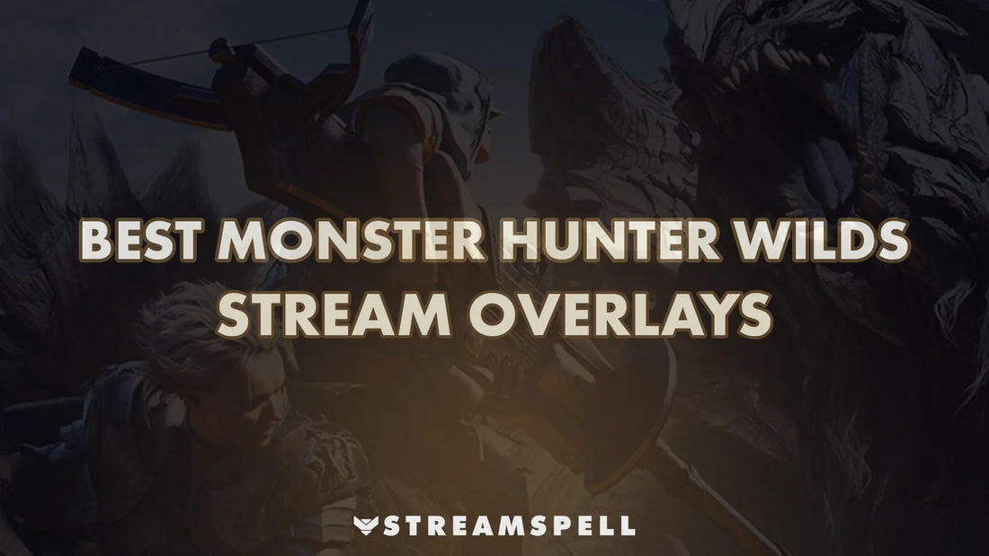 Best Monster Hunter Wilds Stream Overlays by StreamSpell – dark fantasy Twitch overlay banner featuring a hunter and dragon in battle.
