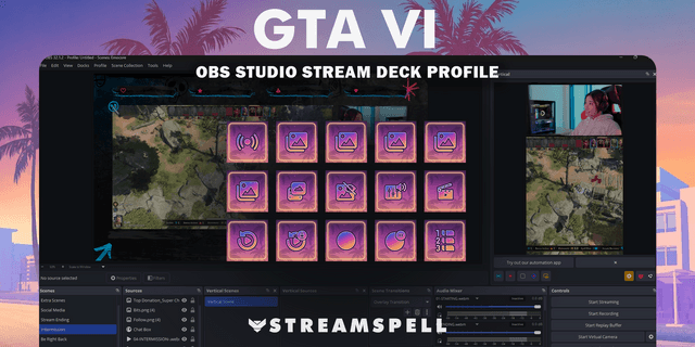 GTA VI-inspired OBS Studio Stream Deck Profile displayed across supported devices