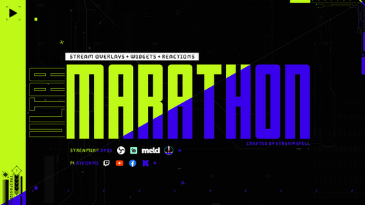 Marathon stream overlays and widgets by StreamSpell with neon green and blue sci-fi design, showing how the overlay colors can be customized with Color Correction filters for OBS Studio, Streamlabs Desktop, and Meld.