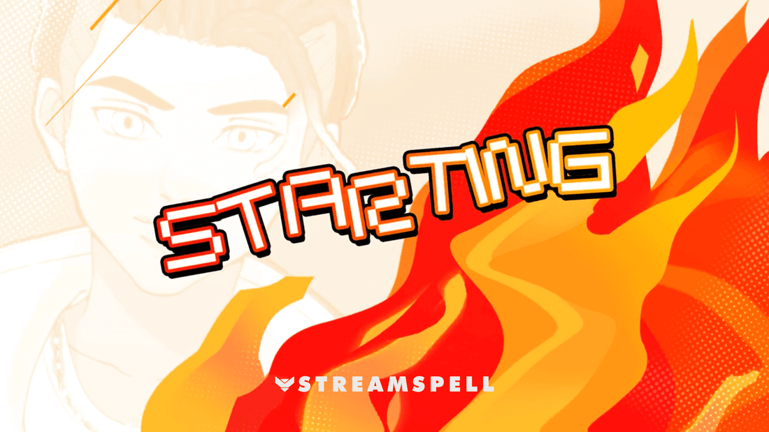 Blaze fire-themed Starting Soon stream screen with bold orange flames and angular JRPG-inspired typography