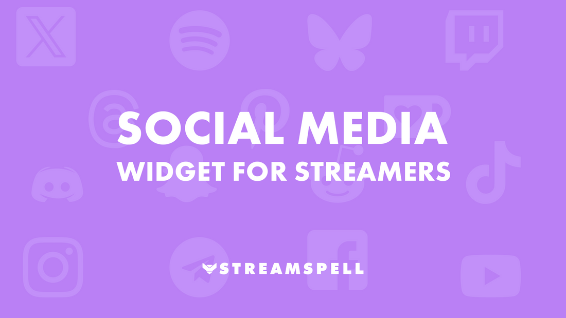 Social Media Widget for Streamers by StreamSpell on purple background with social icons. Free widget for OBS, Streamlabs, and StreamElements.