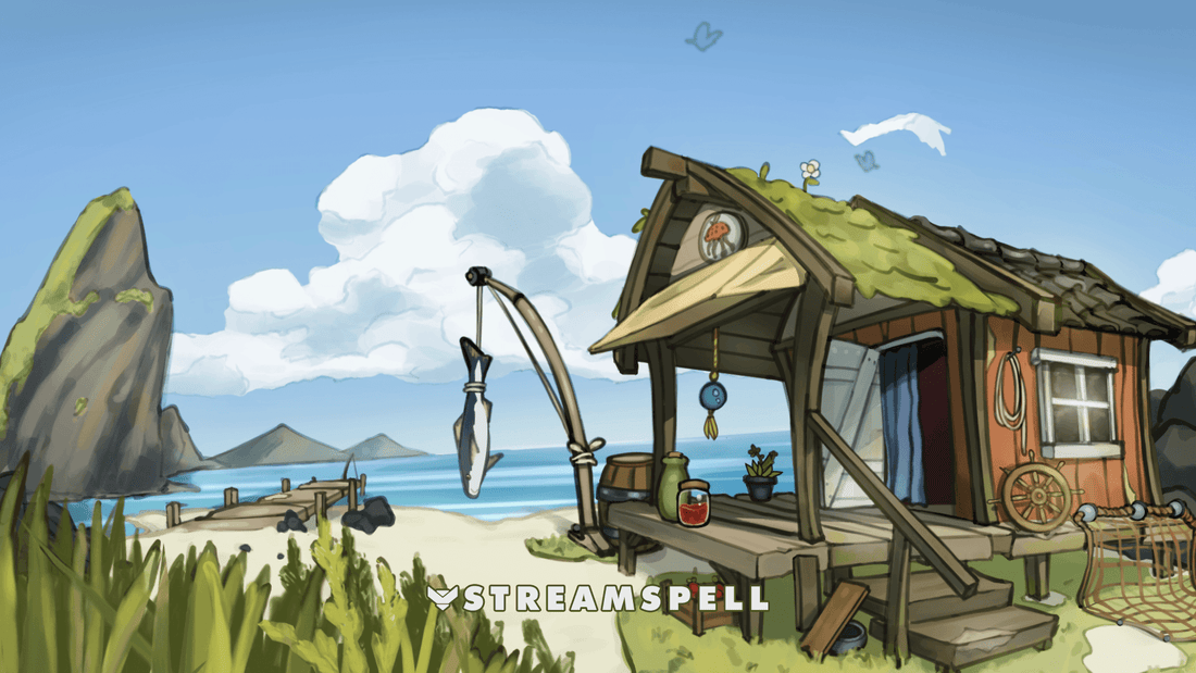 Illustrated Strawberry Seaking coastal stream scene featuring a seaside shelter, fishing gear, and the Mareth shoreline