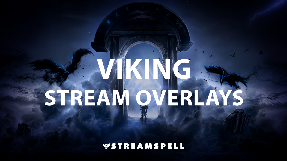 Epic Norse-inspired stream setup with lightning, runes, and Viking symbols promoting the best Viking stream overlays by StreamSpell. Ideal for Twitch and YouTube. Compatible with OBS Studio, Streamlabs, and StreamElements.