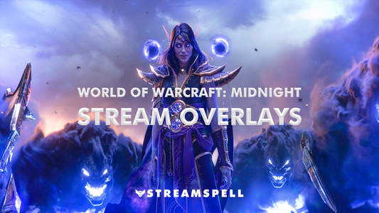 Dark fantasy World of Warcraft: Midnight scene with an elven character and Void energy, promoting stream overlays by StreamSpell for Twitch, OBS Studio, and Streamlabs.