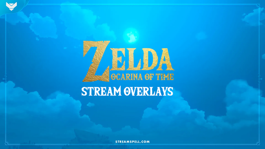 Zelda Ocarina of Time stream overlays cover image with blue fantasy sky background, gold Zelda-style title, and StreamSpell branding.