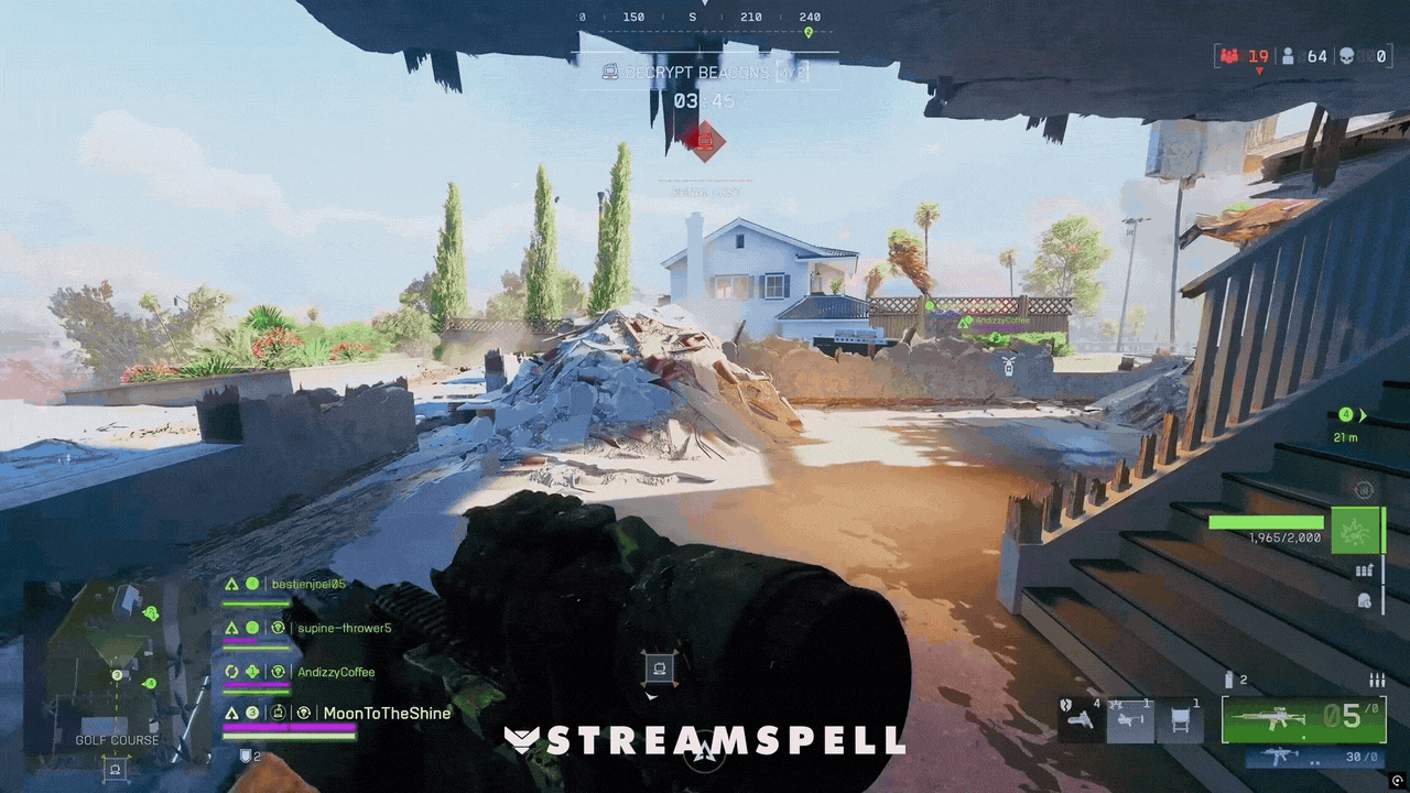FPS stream screen with red tactical HUD overlay and battlefield-style environment from the BF6 // RED Stream Package by StreamSpell. Designed for Valorant, Warzone, Battlefield-style games, and Marathon streams.