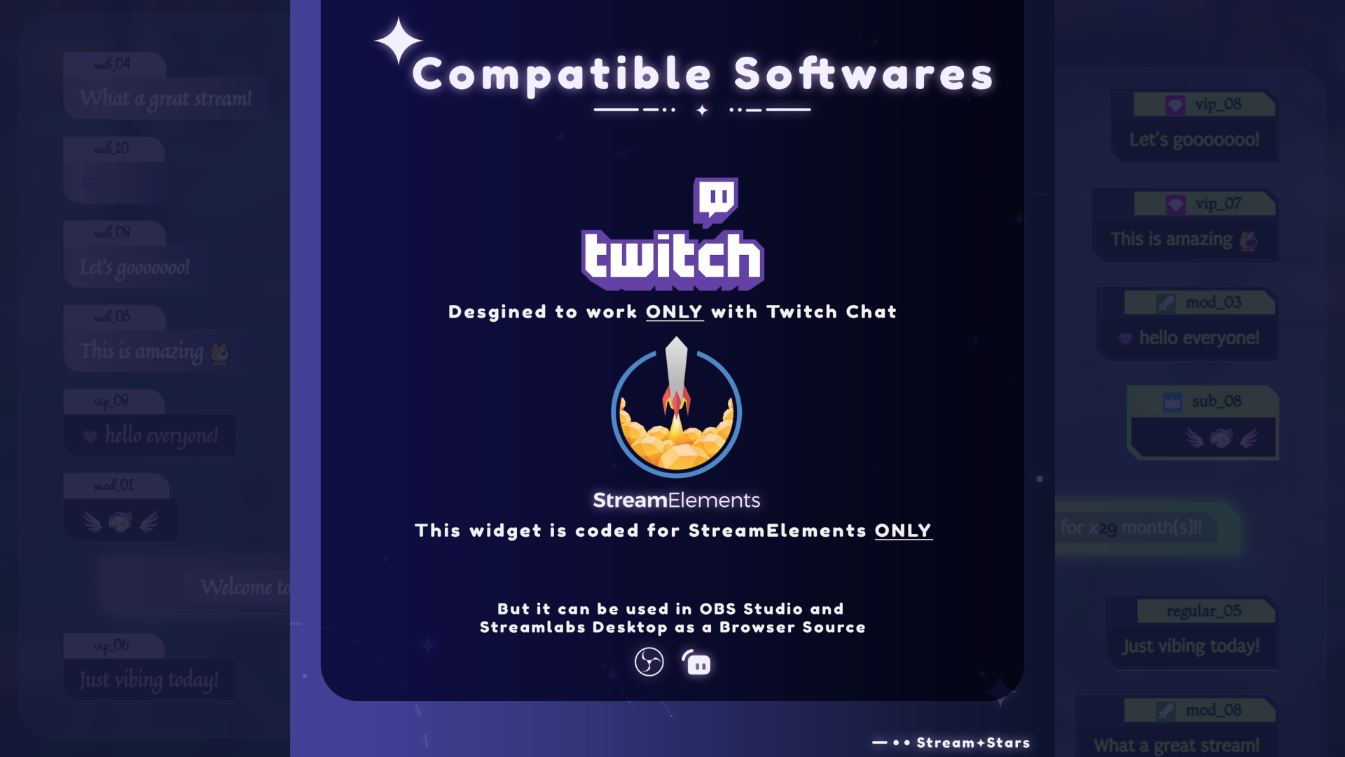 Compatibility
• Built for: StreamElements
• Also works with: OBS Studio and Streamlabs Desktop (Browser Source)
• Platform: Twitch