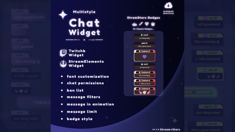 One-click StreamElements install; code .zip; PDF + video guides; works with OBS/Streamlabs; 7 layouts, editable colors/themes, pop-up animations, moderation (role highlights/ban list), and integrated alerts.