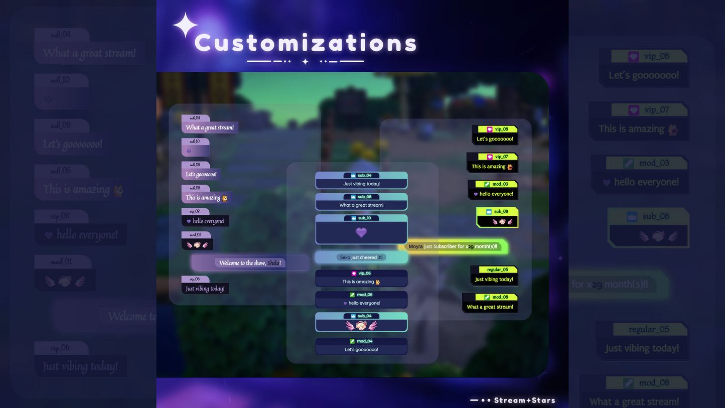 Customization interface with chat messages on a blurred background
