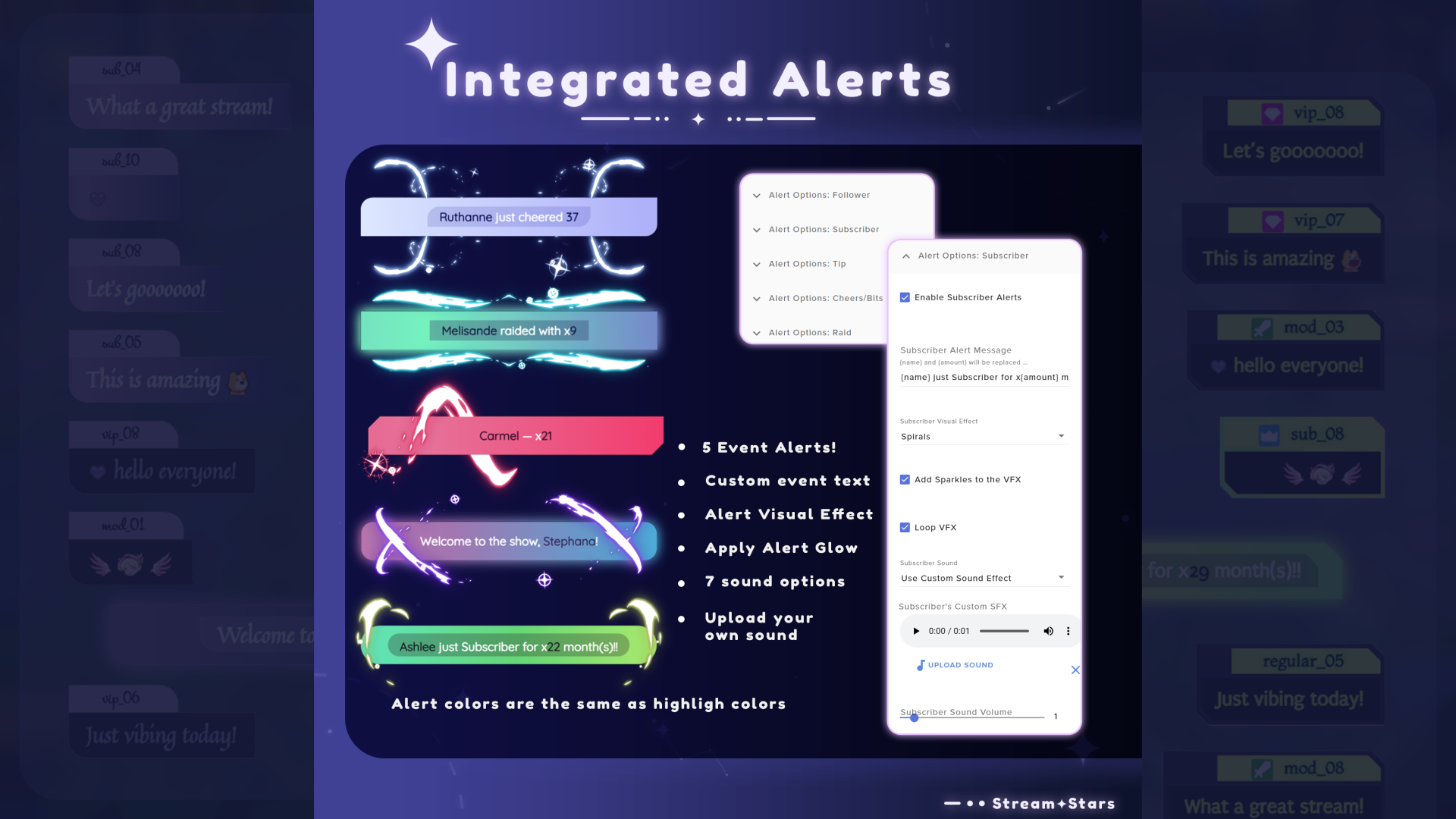 Integrated Alerts system with event alerts and customization options on a dark background