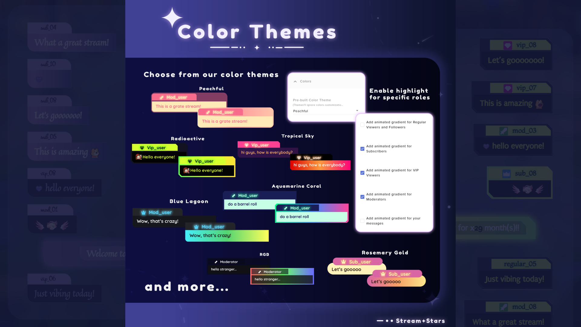 Color theme selection interface with various theme options on a dark background