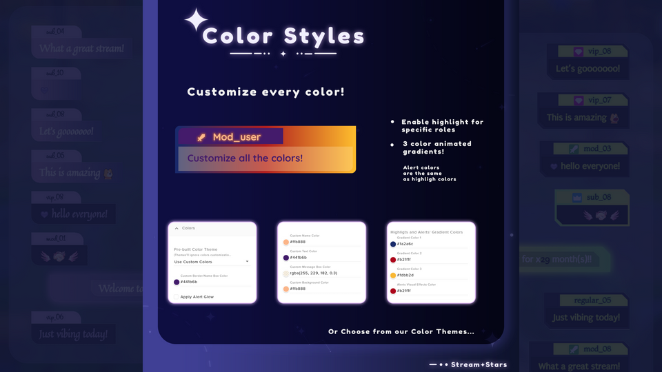 Color customization interface with options for modifying text and background colors on a dark-themed platform.