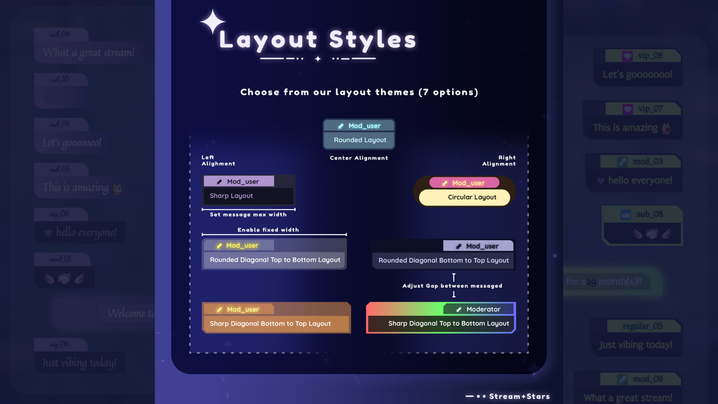 Screenshot of layout style options with various theme choices on a dark blue background.