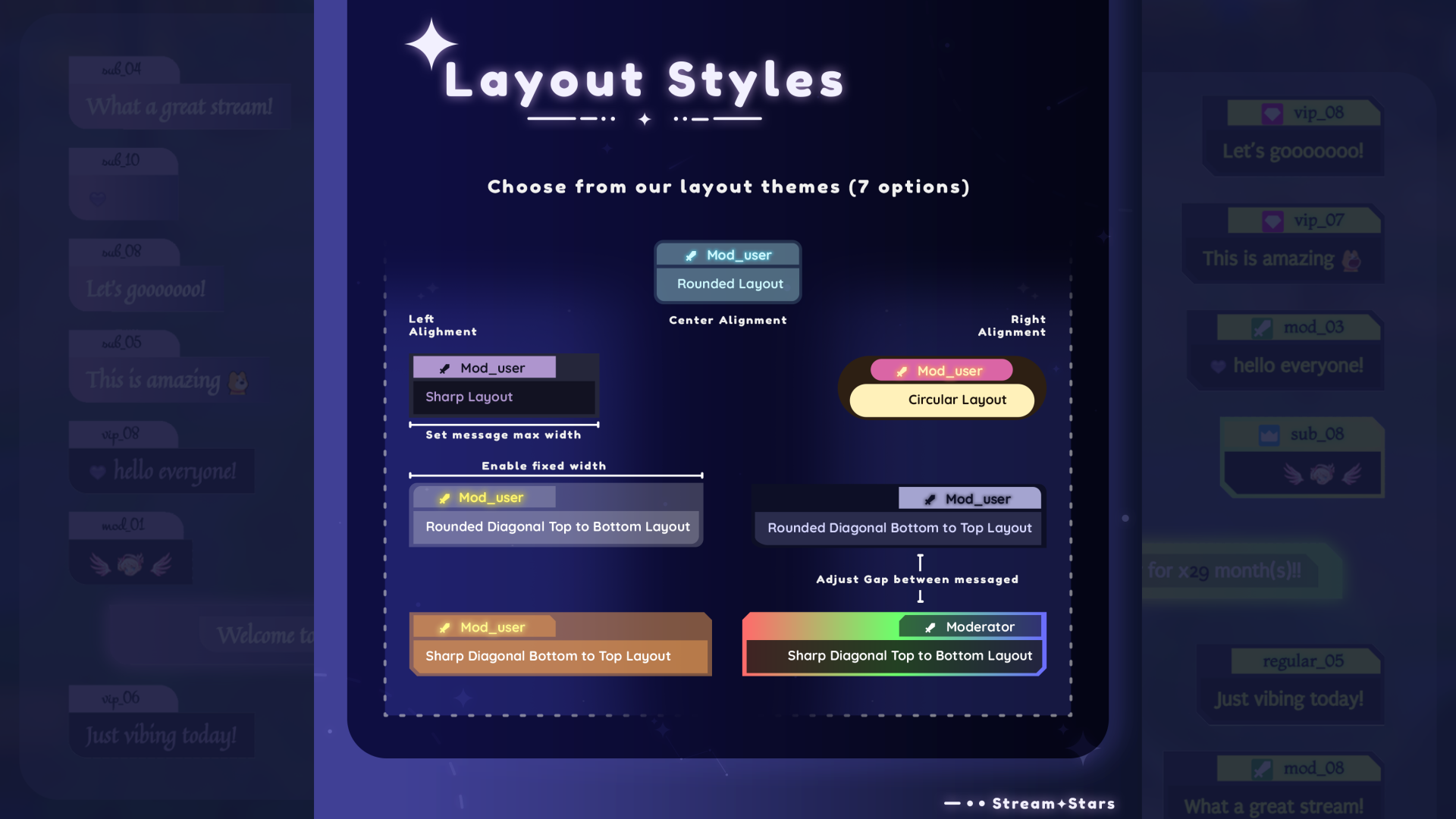Screenshot of layout style options with various theme choices on a dark blue background.