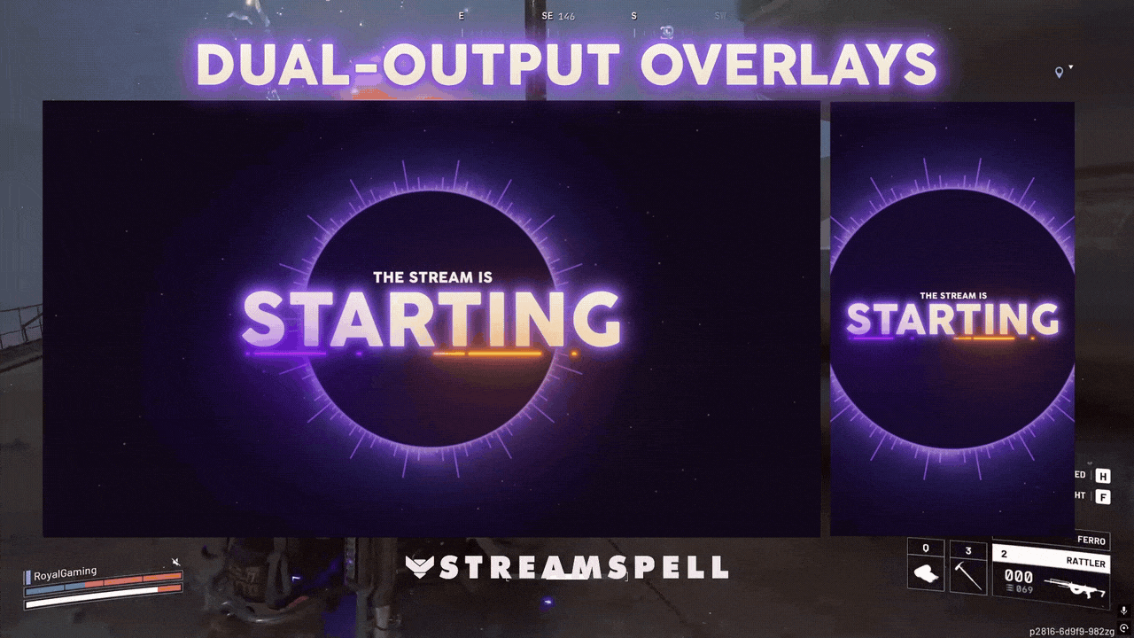 Arcfall neon sci-fi dual-output stream overlays with horizontal and vertical Starting screen for OBS and Streamlabs.