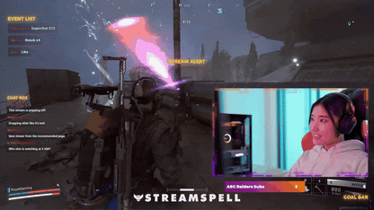 Arcfall neon sci-fi Twitch stream overlay in gameplay with chat box, event list, goal bar and webcam frame for OBS and Streamlabs.
