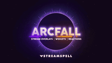 Load image into Gallery viewer, Arcfall neon sci-fi HUD stream overlay cover with glowing space background for Twitch, OBS and Streamlabs by StreamSpell.