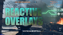 Load image into Gallery viewer, Promotional image for BF6 HUD Reactive Overlays by StreamSpell, featuring a first-person Battlefield-style FPS scene with the text “Reactive Overlays” glowing in green. Showcases tactical kill and death counters powered by Streamlabs AI, designed for Twitch and YouTube streamers.