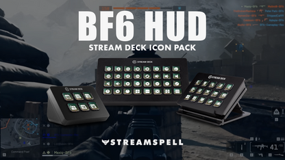 Close-up preview of BF6 HUD Stream Deck Icon Pack by StreamSpell, showing tactical Battlefield-style HUD icons with glowing ember animations on an Elgato Stream Deck XL.
