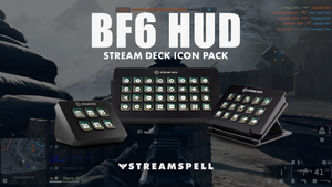 Close-up preview of BF6 HUD Stream Deck Icon Pack by StreamSpell, showing tactical Battlefield-style HUD icons with glowing ember animations on an Elgato Stream Deck XL.