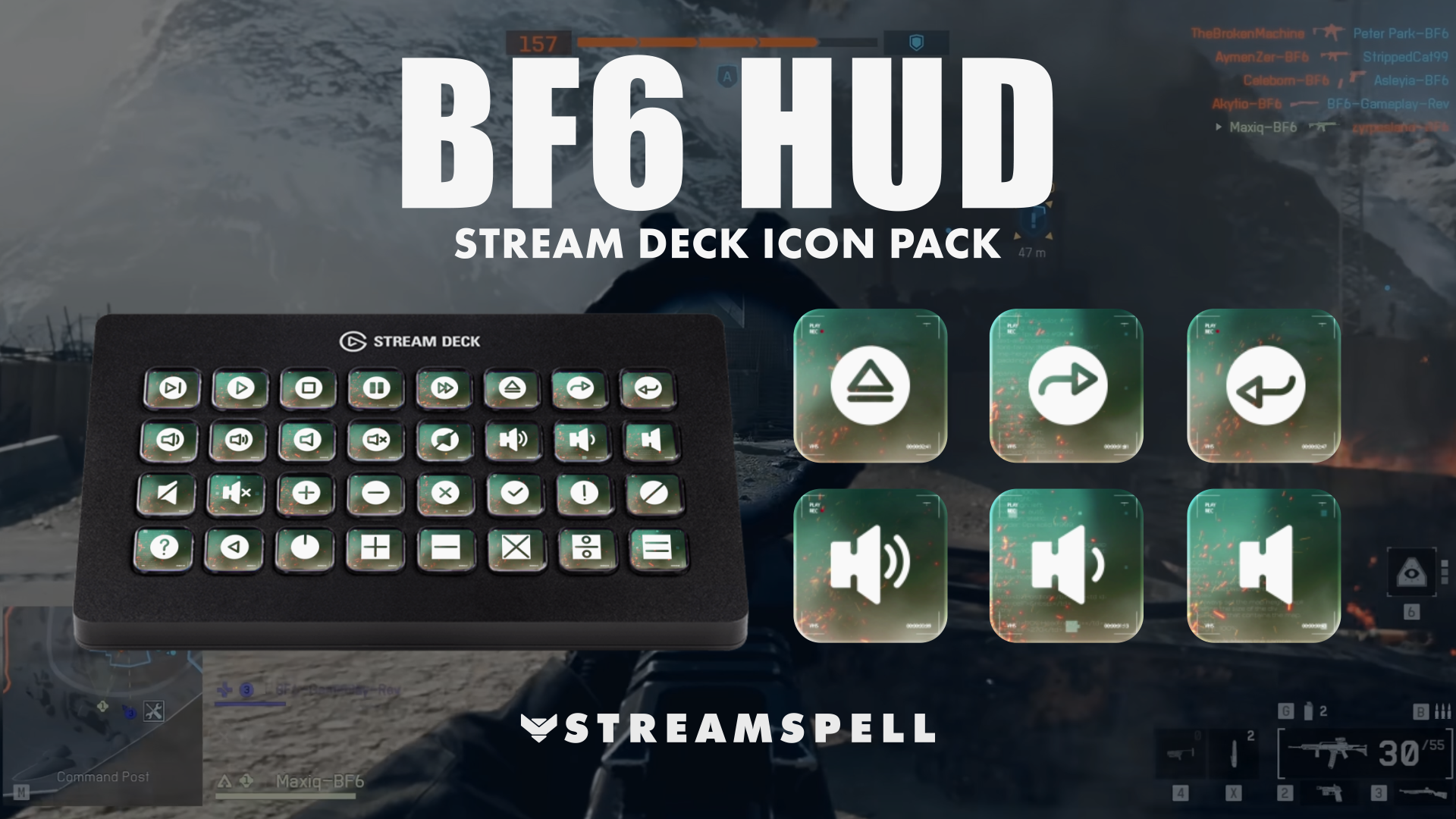 BF6 HUD Stream Deck Icon Pack cover image by StreamSpell, featuring 500+ Battlefield-inspired animated and static icons displayed on multiple Elgato Stream Deck devices.