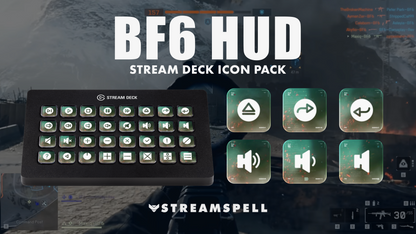 BF6 HUD Stream Deck Icon Pack cover image by StreamSpell, featuring 500+ Battlefield-inspired animated and static icons displayed on multiple Elgato Stream Deck devices.