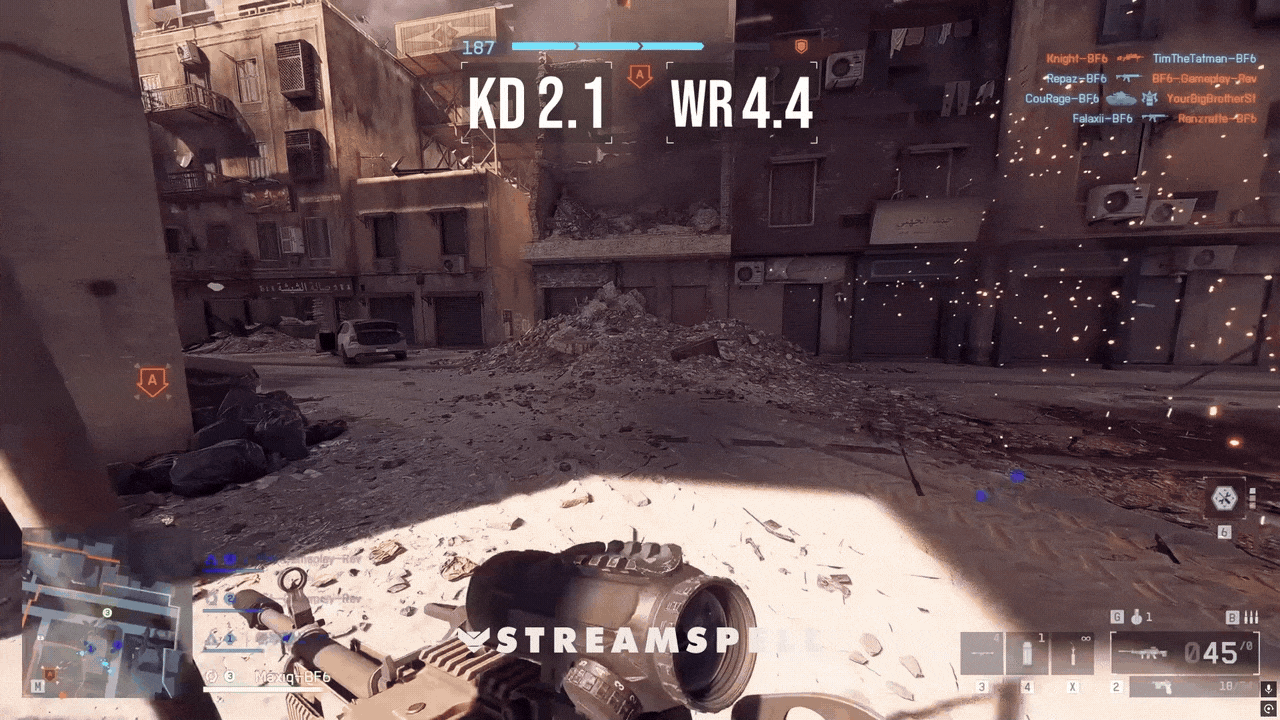 Gameplay preview showcasing the BF6 HUD Reactive Overlays by StreamSpell, featuring real-time K/D Ratio and Win Rate tracking displayed with a tactical HUD interface. Designed for FPS streams and fully supported on Streamlabs Desktop.