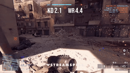 Gameplay preview showcasing the BF6 HUD Reactive Overlays by StreamSpell, featuring real-time K/D Ratio and Win Rate tracking displayed with a tactical HUD interface. Designed for FPS streams and fully supported on Streamlabs Desktop.