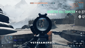 Battlefield 6 gameplay view with a scoped rifle showing a Reactive Kill Counter overlay powered by Streamlabs AI. Created by StreamSpell for Twitch and YouTube streams.