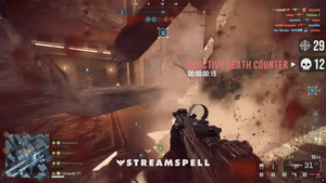 Battlefield 6 combat scene with explosions and a Reactive Death Counter overlay updating in real time. StreamSpell reactive overlay powered by Streamlabs AI.