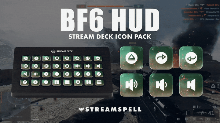 nimated preview of the BF6 HUD Stream Deck Icon Pack by StreamSpell, showing Battlefield-style HUD icons with ember particle effects. Fully compatible with all Elgato Stream Deck models.