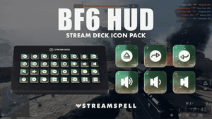 nimated preview of the BF6 HUD Stream Deck Icon Pack by StreamSpell, showing Battlefield-style HUD icons with ember particle effects. Fully compatible with all Elgato Stream Deck models.