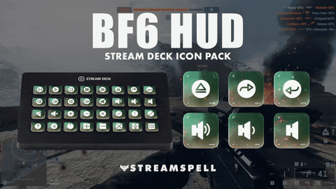 nimated preview of the BF6 HUD Stream Deck Icon Pack by StreamSpell, showing Battlefield-style HUD icons with ember particle effects. Fully compatible with all Elgato Stream Deck models.