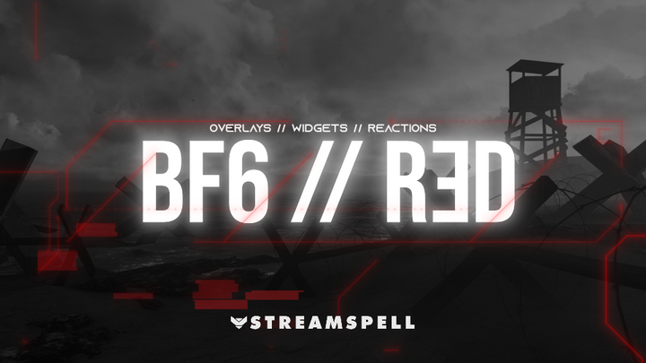 Military-style FPS stream overlay with red tactical HUD interface and battlefield environment, promoting the BF6 // RED Stream Package by StreamSpell. Ideal for Call of Duty, Battlefield-style games, Valorant, and Marathon. Compatible with OBS Studio, Streamlabs, and StreamElements.