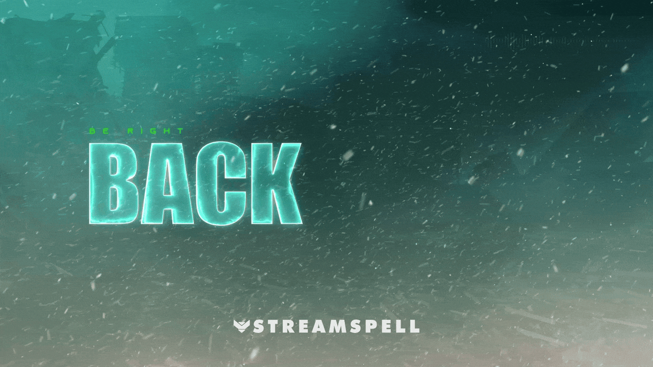 Winter-themed “Be Right Back” stream screen with frosty teal text, blowing snow particles, and a tactical Battlefield-style HUD in the background. Part of the BF6 HUD Stream Package by StreamSpell. Ideal for FPS streams on Twitch, YouTube, and OBS. Fully compatible with OBS Studio, Streamlabs Desktop, and StreamElements.