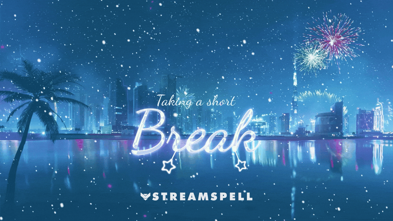 Animated winter city skyline at night with snow falling and vibrant fireworks, showcasing the Winter Fireworks 2026 animated stream screen by StreamSpell for Twitch and YouTube streams. Compatible with OBS Studio and Streamlabs.
