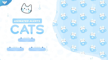 Cute animated cat stream alerts with blue kitten teacup designs and cozy pastel aesthetic, part of the Cats alerts package by StreamSpell for OBS and Streamlabs.