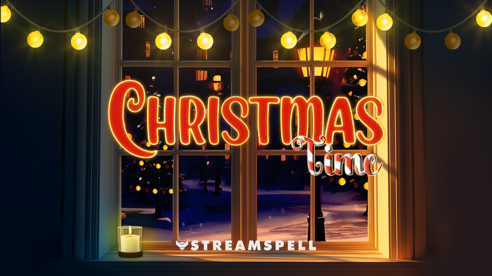 Cozy Christmas window scene with warm yellow string lights, glowing “Christmas Time” title, snowy village outside, decorated holiday trees, and soft candlelight. Promotional key visual for the Christmas Time Stream Package by StreamSpell. Ideal for streamers using OBS Studio, Streamlabs, or StreamElements on Twitch, YouTube, or Kick.