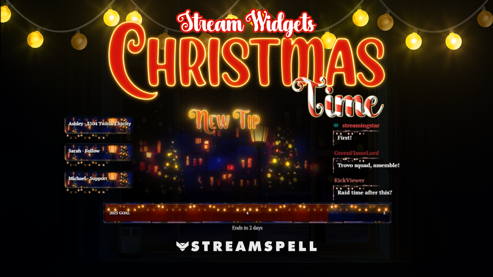 Festive Christmas widget preview featuring glowing holiday lights, chat messages, event list, and a warm goal bar over a snowy nighttime town background. “Christmas Time” appears in bright red lettering with candy-cane accents. Promotes StreamSpell’s Christmas Time Stream Package with animated widgets for OBS, Streamlabs, and StreamElements.