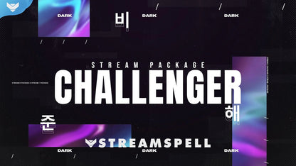 Dark futuristic stream overlay with Korean-inspired design and holographic purple and blue accents, promoting the Challenger animated package by StreamSpell for OBS and Streamlabs.