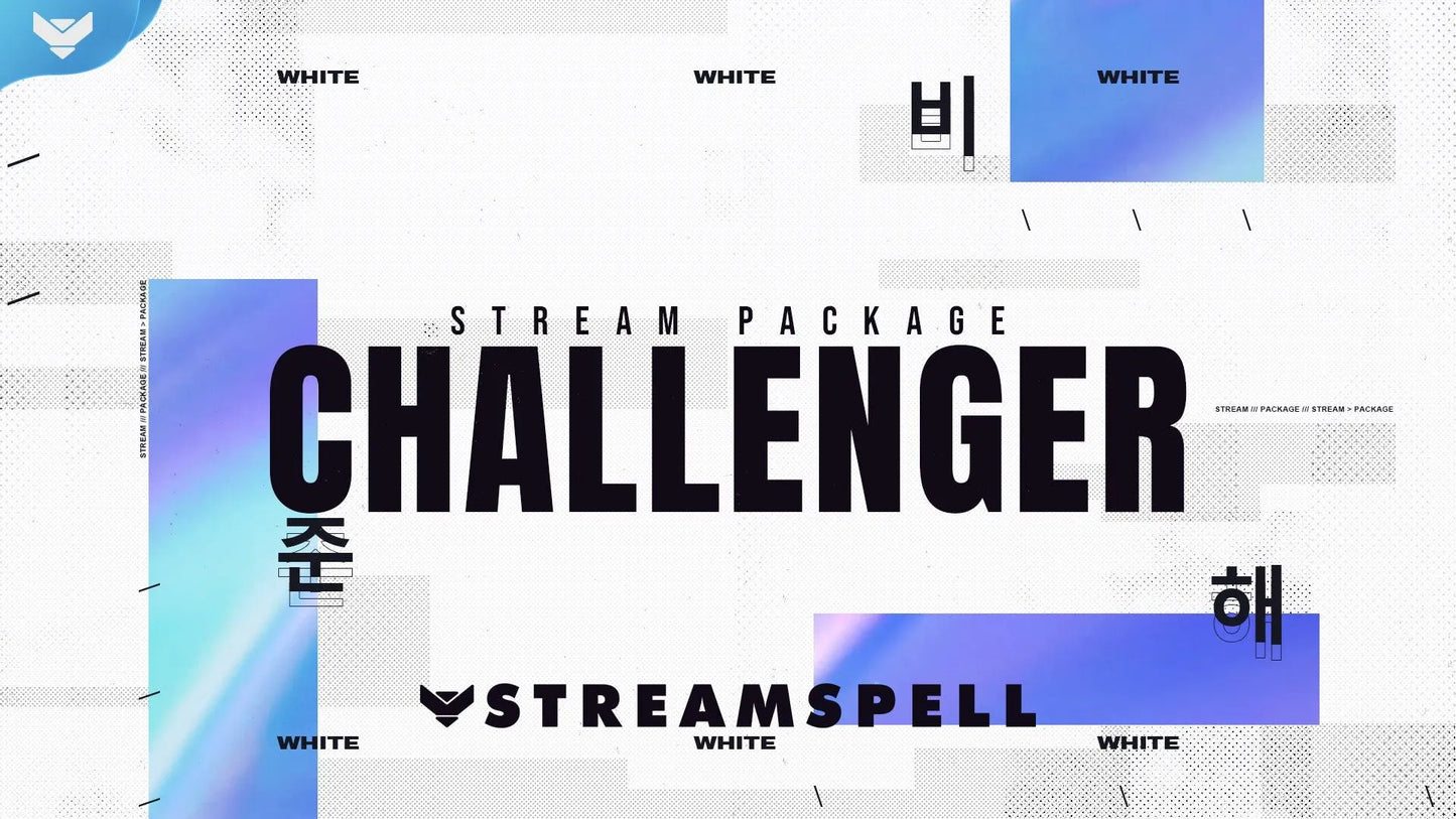 Futuristic white stream overlay with Korean-inspired design and holographic blue gradient details, promoting the Challenger animated package by StreamSpell for OBS and Streamlabs.
