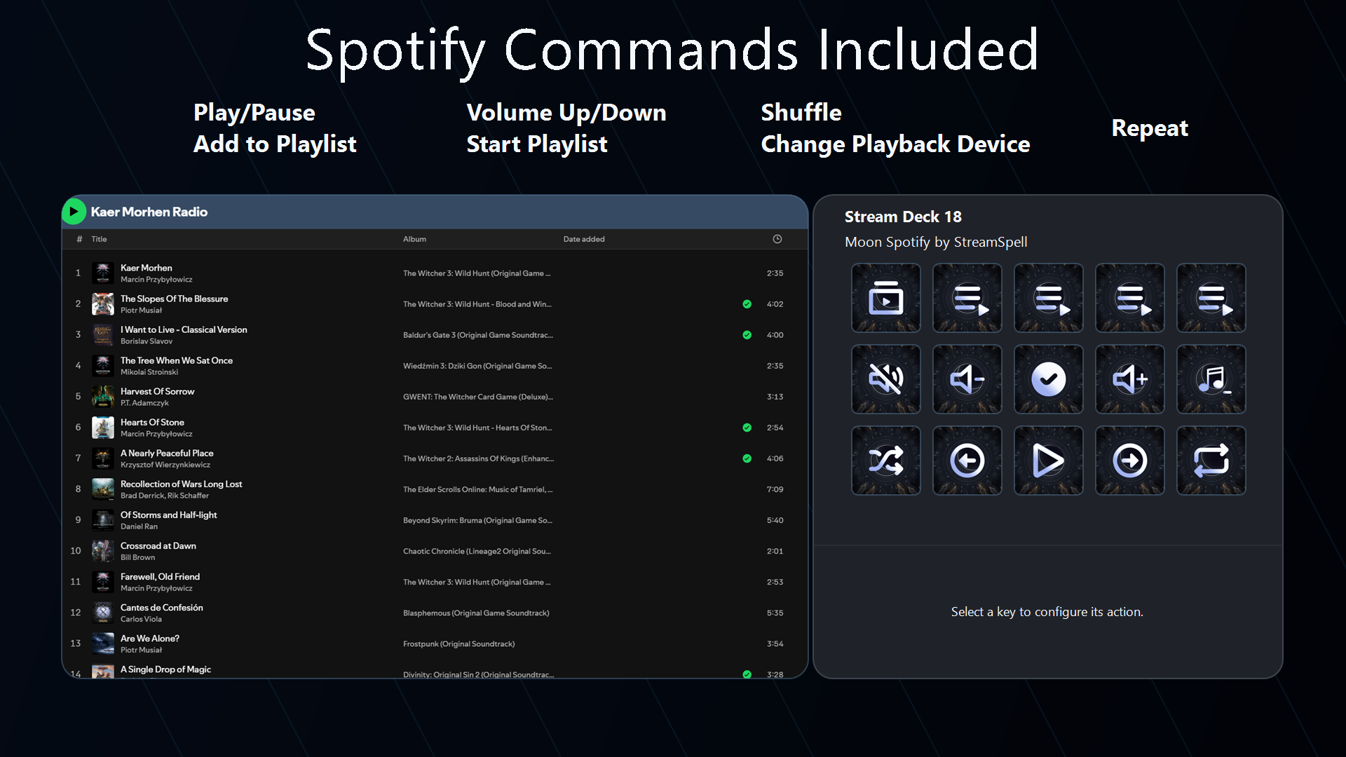 Spotify commands included in the Moon Stream Deck Profile