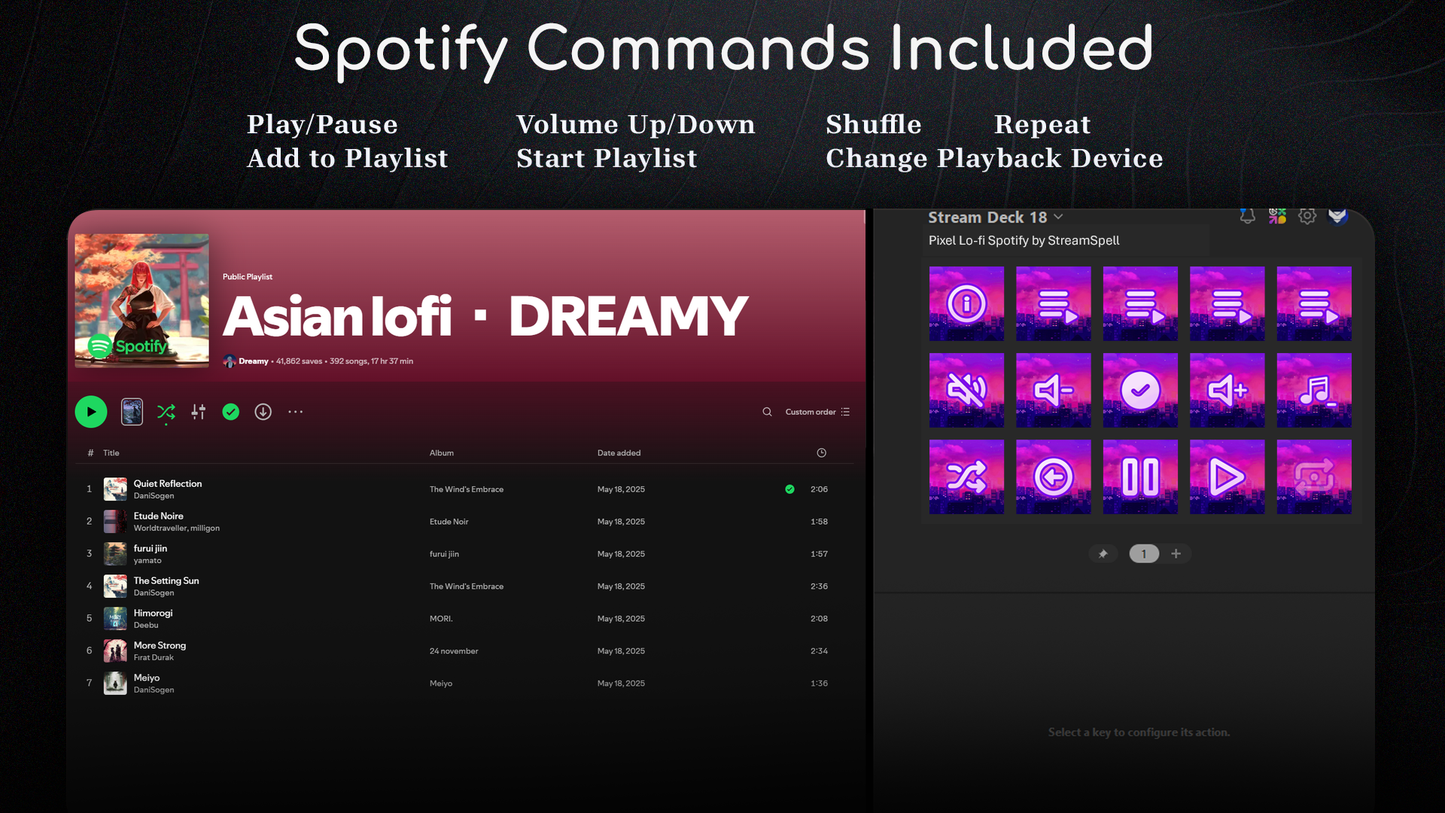 Spotify commands included in the Pixel Lo-fi Stream Deck Profile
