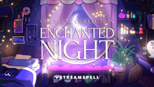 Load image into Gallery viewer, Enchanted Night OBS Stream Overlay Scene Collection by StreamSpell – cozy bedroom with fantasy and magical witchy aesthetic, purple curtains, glowing lights, potions, and cute cat art, perfect for Twitch and YouTube live streams